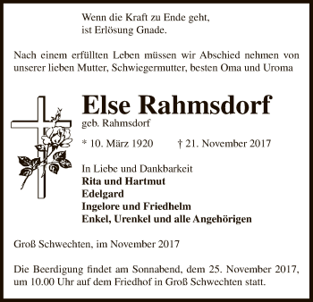 Traueranzeige von Else Rahmsdorf von Uelzen