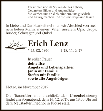 Traueranzeige von Erich Lenz von Uelzen