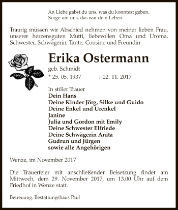 Traueranzeige von Erika Ostermann von Uelzen