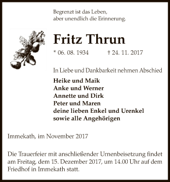 Traueranzeige von Fritz Thrun von Uelzen