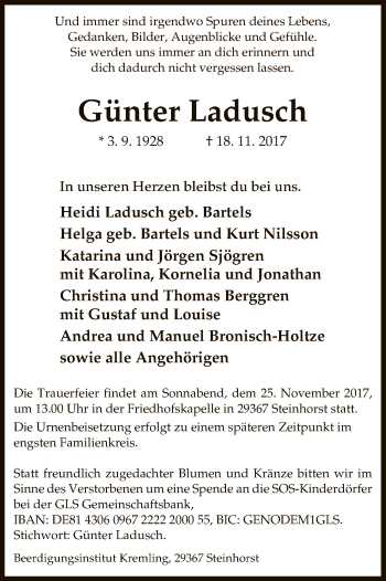 Traueranzeige von Günter Ladusch von Uelzen