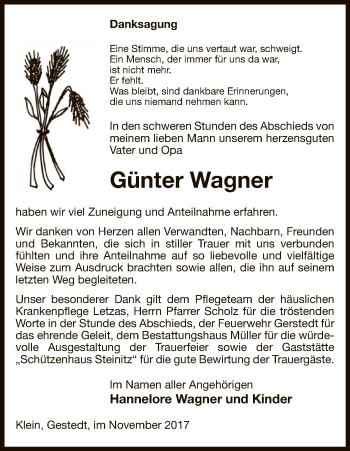 Traueranzeige von Günter Wagner von Uelzen