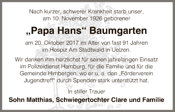 Traueranzeige von Hans Baumgarten von Uelzen