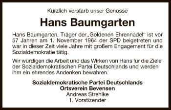 Traueranzeige von Hans Baumgarten von Uelzen