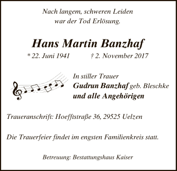 Traueranzeige von Hans Martin Banzhaf von Uelzen