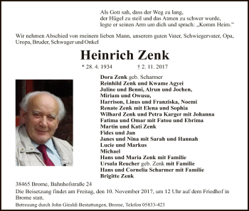 Traueranzeige von Heinrich Zenk von Uelzen