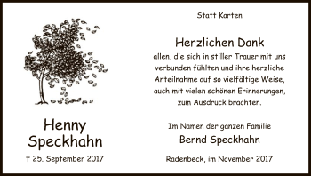 Traueranzeige von Henny Speckhahn von Uelzen