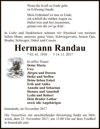 Traueranzeige von Hermann Randau von Uelzen