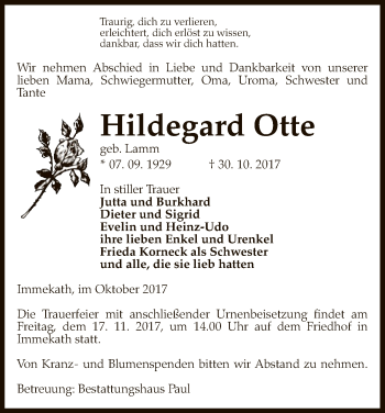 Traueranzeige von Hildegard Otte von Uelzen