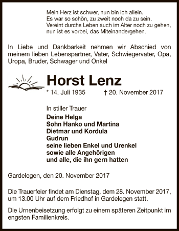 Traueranzeige von Horst Lenz von Uelzen