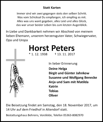 Traueranzeige von Horst Peters von Uelzen