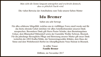 Traueranzeige von Ida Bremer von Uelzen