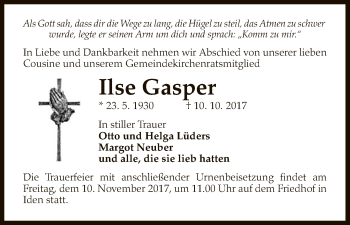 Traueranzeige von Ilse Gasper von Uelzen