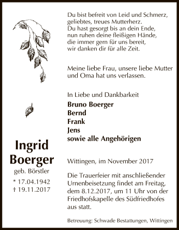Traueranzeige von Ingrid Boerger von Uelzen