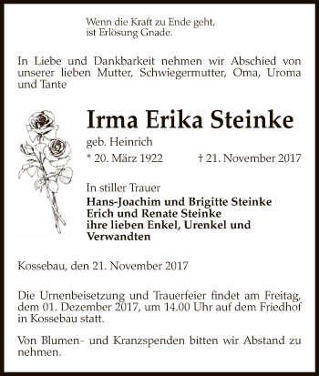 Traueranzeige von Irma Erika Steinke von Uelzen