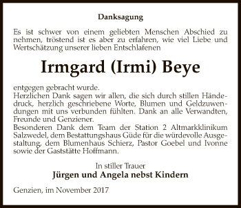 Traueranzeige von Irmgard Beye von Uelzen