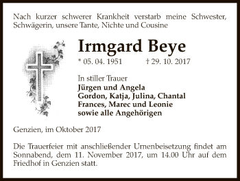 Traueranzeige von Irmgard Beye von Uelzen