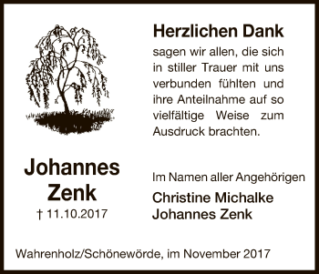 Traueranzeige von Johannes Zenk von Uelzen