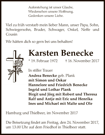 Traueranzeige von Karsten Benecke von Uelzen