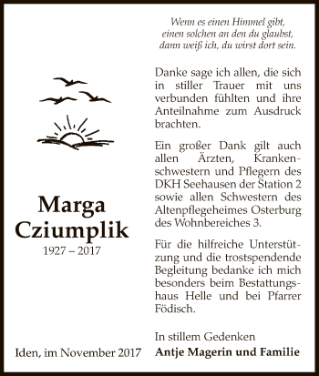 Traueranzeige von Marga Cziumplik von Uelzen