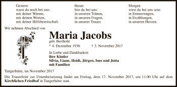 Traueranzeige von Maria Jacobs von Uelzen