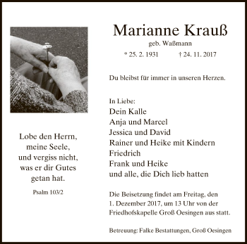 Traueranzeige von Marianne Krauß von Uelzen