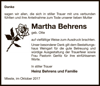 Traueranzeige von Martha Behrens von Uelzen