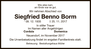 Traueranzeige von Siegfried Benno Borm von Uelzen