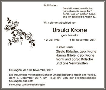 Traueranzeige von Ursula Krone von Uelzen