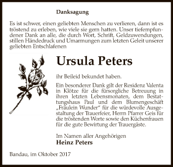 Traueranzeige von Ursula Peters von Uelzen