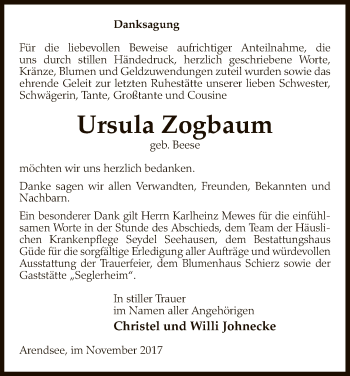 Traueranzeige von Ursula Zogbaum von Uelzen