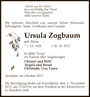 Traueranzeige von Ursula Zogbaum von Uelzen