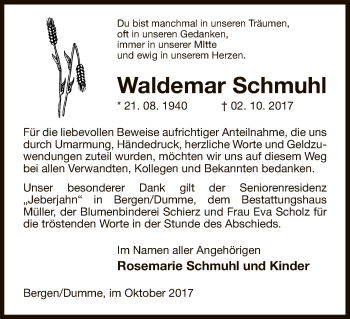 Traueranzeige von Waldemar Schmuhl von Uelzen