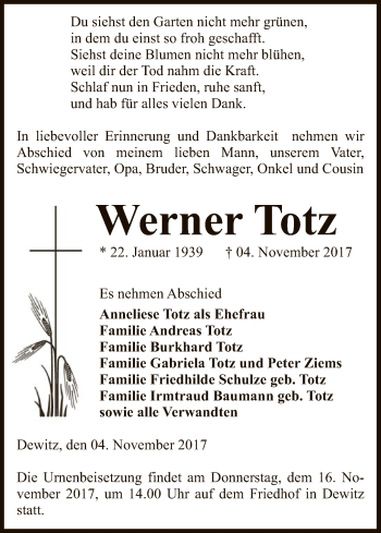 Traueranzeige von Werner Totz von Uelzen