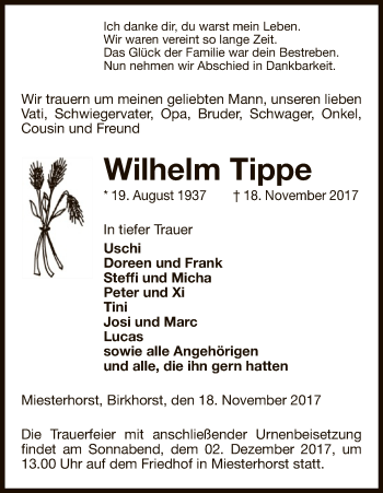 Traueranzeige von Wilhelm Tippe von Uelzen