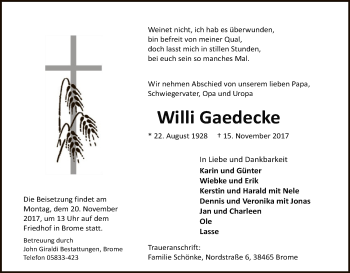 Traueranzeige von Willi Gaedecke von Uelzen