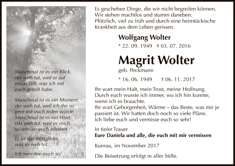  Traueranzeige für Wolfgang und Magrit Wolter vom 11.11.2017 aus Uelzen