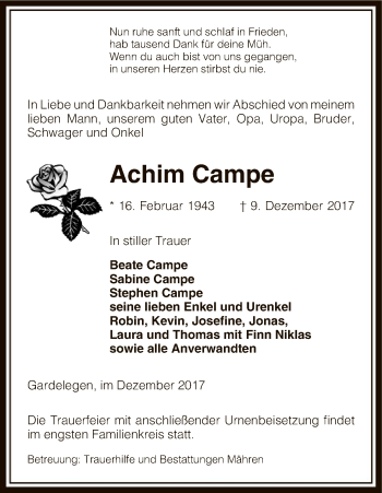 Traueranzeige von Achim Campe von Uelzen