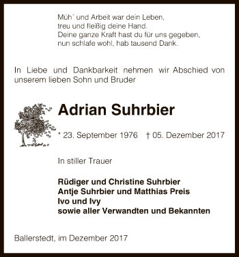 Traueranzeige von Adrian Suhrbier von Uelzen