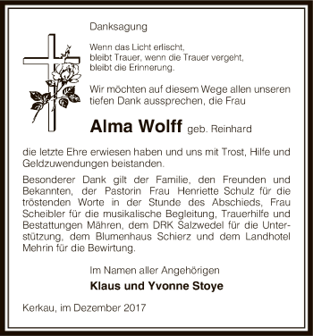 Traueranzeige von Alma Wolff von Uelzen