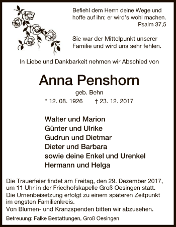 Traueranzeige von Anna Penshorn von Uelzen