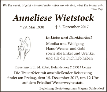 Traueranzeige von Anneliese Wietstock von Uelzen