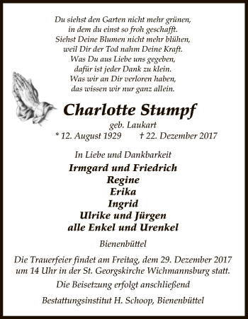 Traueranzeige von Charlotte Stumpf von Uelzen