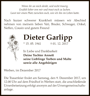 Traueranzeige von Dieter Garlipp von Uelzen