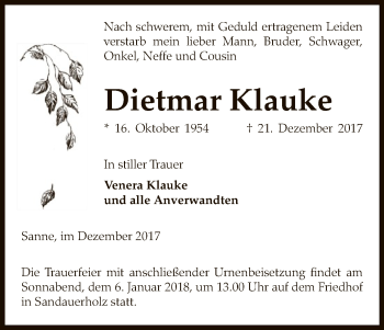 Traueranzeige von Dietmar Klauke von Uelzen