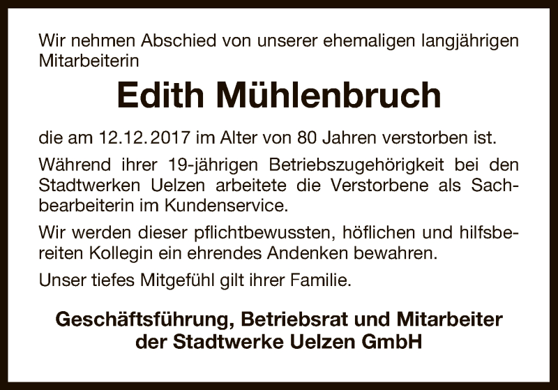  Traueranzeige für Edith Mühlenbruch vom 21.12.2017 aus Uelzen