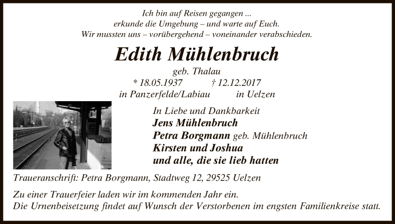  Traueranzeige für Edith Mühlenbruch vom 16.12.2017 aus Uelzen