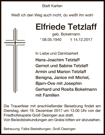 Traueranzeige von Elfriede Tetzlaff von Uelzen