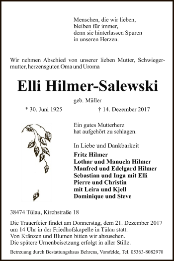 Traueranzeige von Elli Hilmer-Salewski von Uelzen