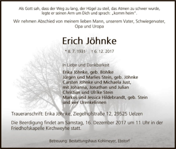 Traueranzeige von Erich Jöhnke von Uelzen